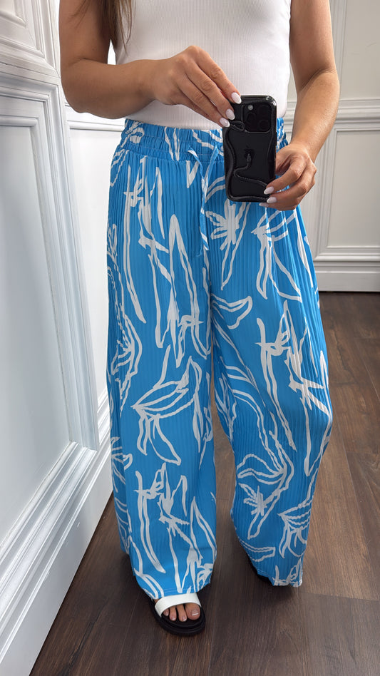 AVA blue abstract print plisse wide leg trousers