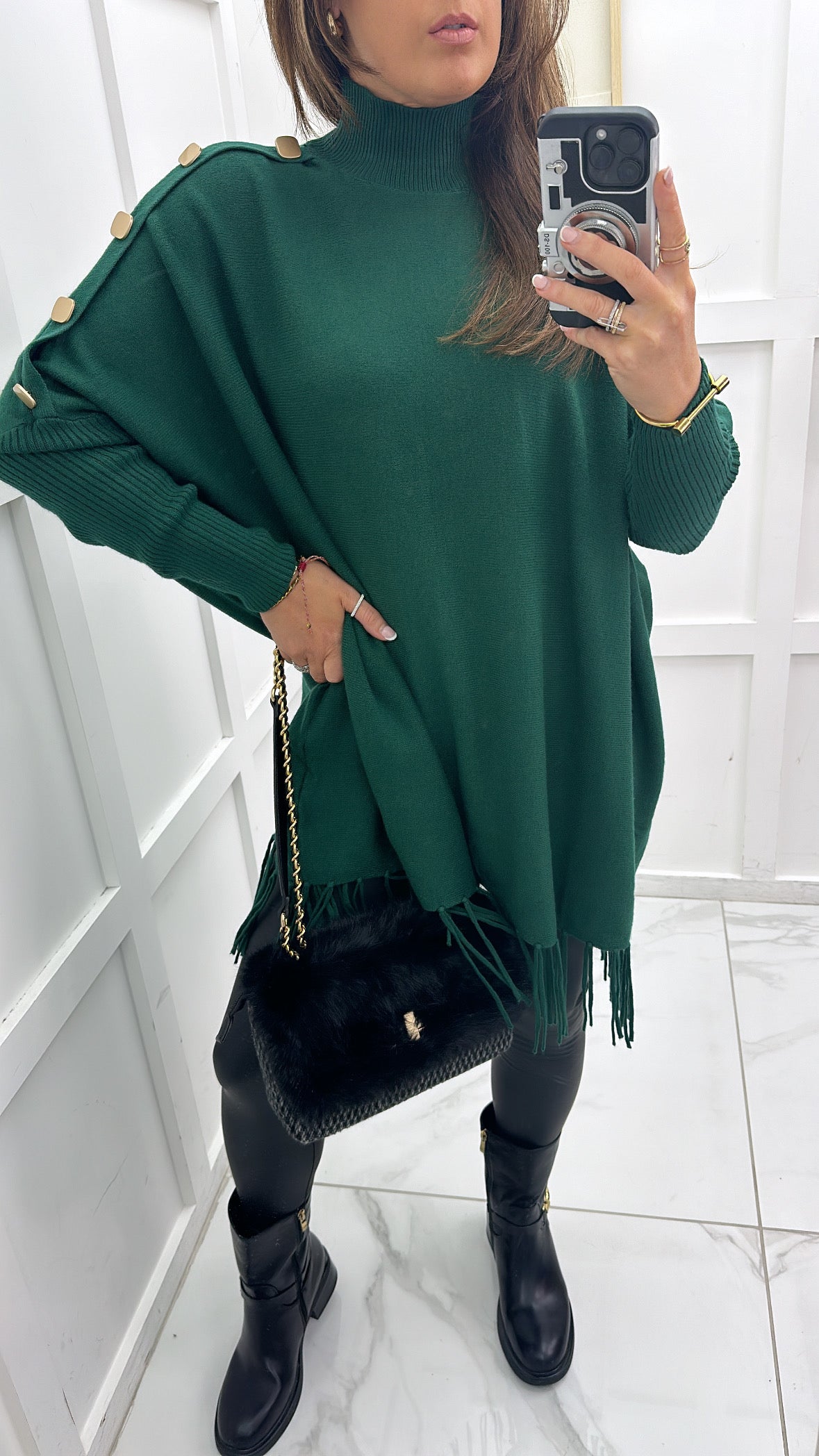 CORINA green poncho style jumper with tassels and gold buttons