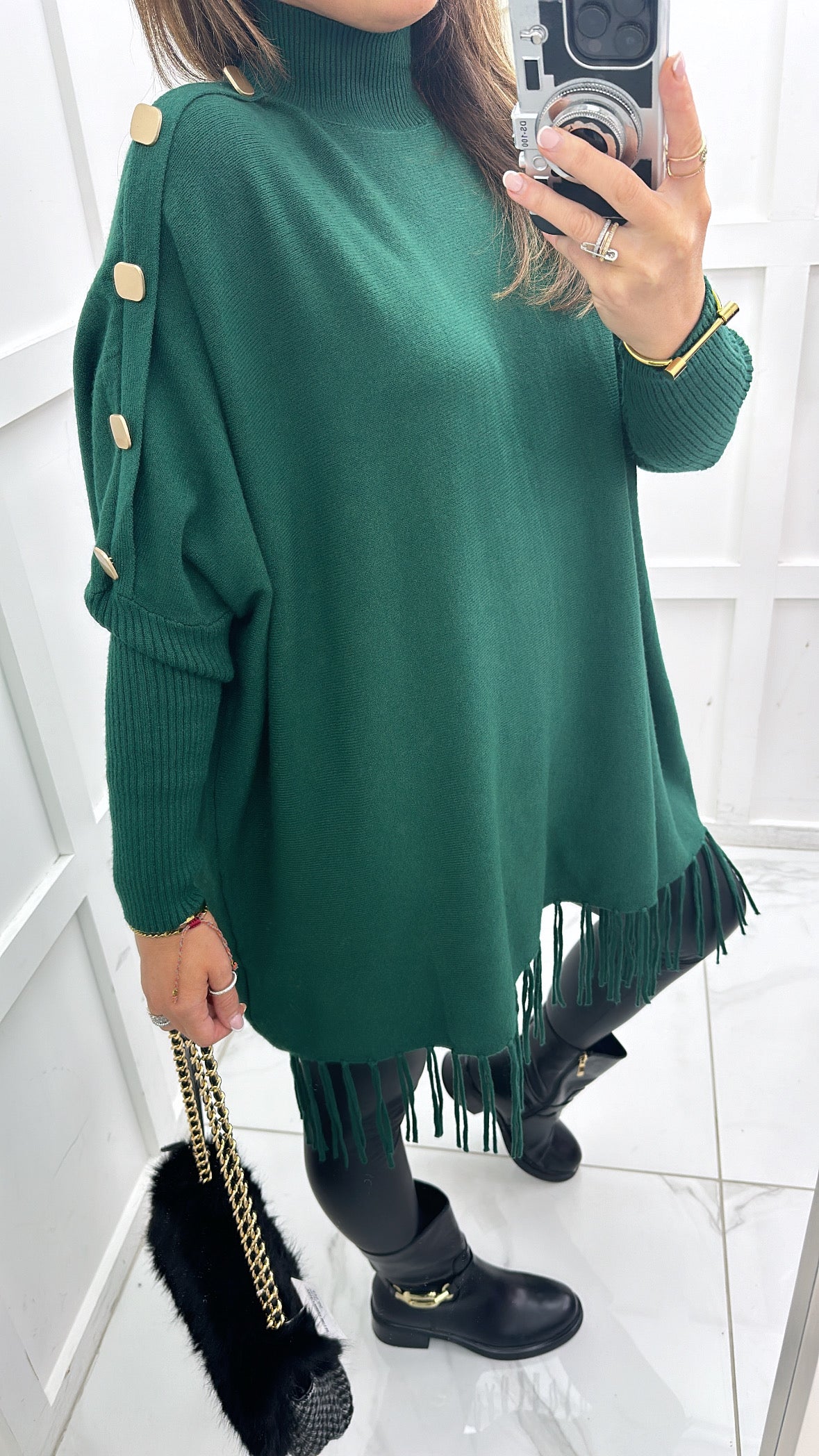 CORINA green poncho style jumper with tassels and gold buttons