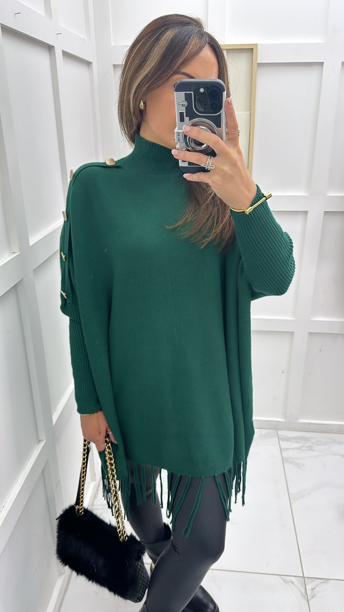 CORINA green poncho style jumper with tassels and gold buttons