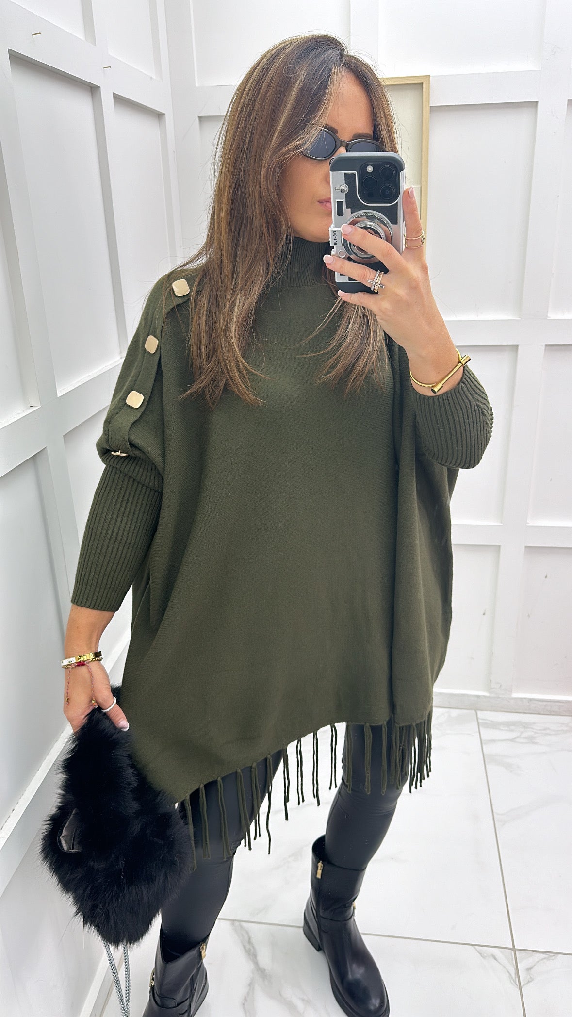 CORINA khaki poncho style jumper with tassels and gold buttons