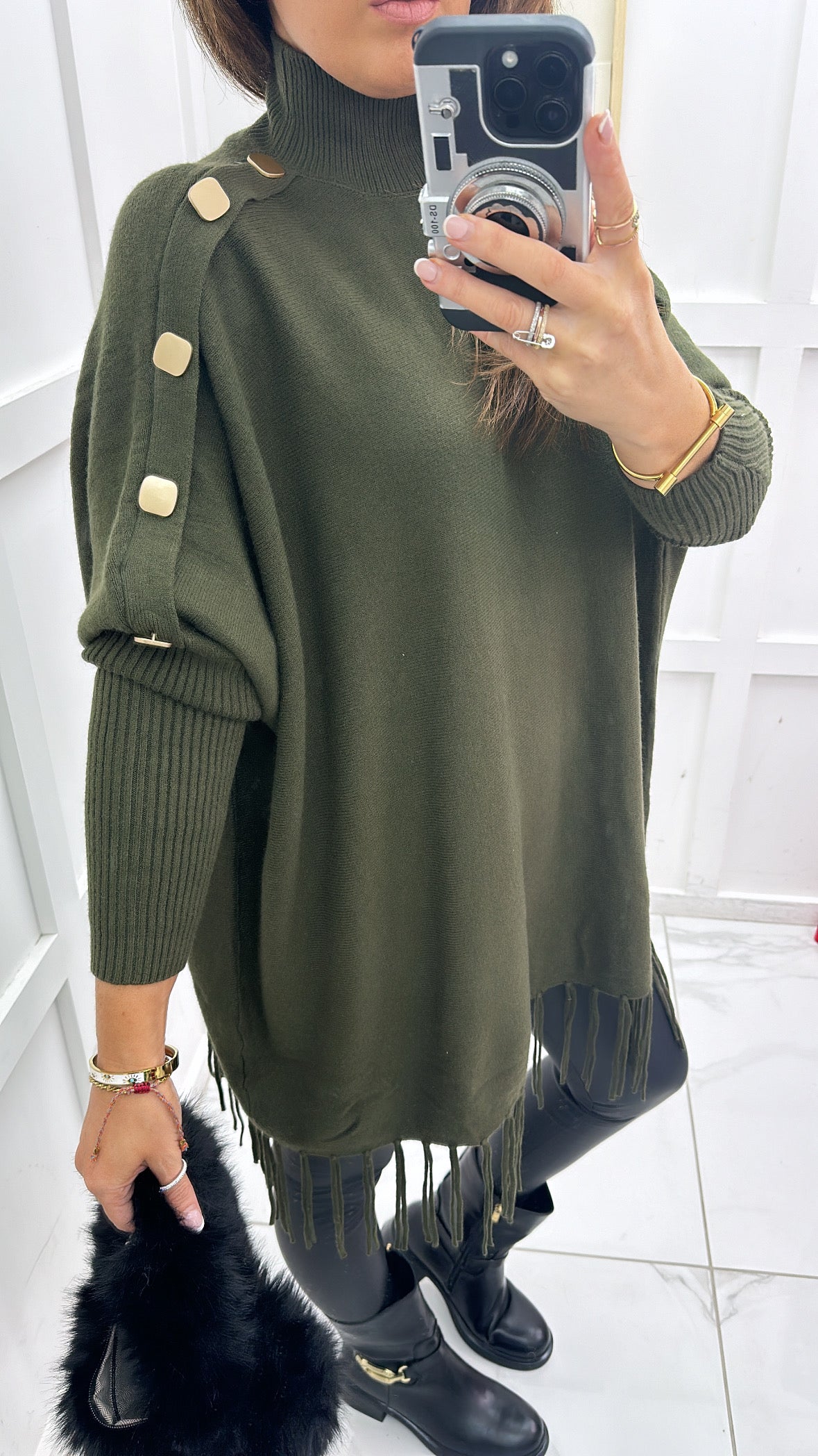 CORINA khaki poncho style jumper with tassels and gold buttons