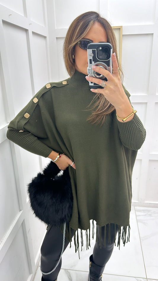 CORINA khaki poncho style jumper with tassels and gold buttons