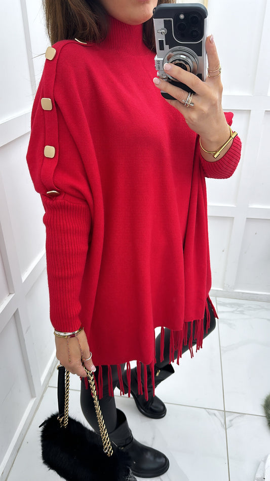 CORINA red poncho style jumper with tassels and gold buttons