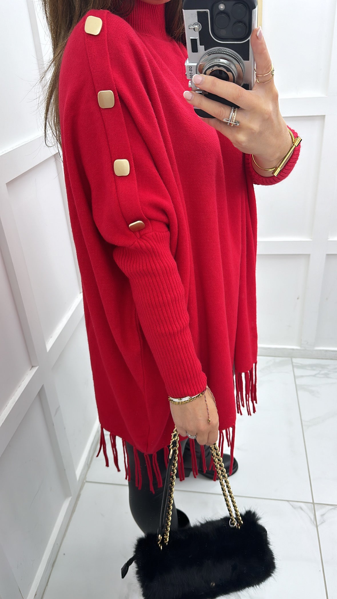 CORINA red poncho style jumper with tassels and gold buttons