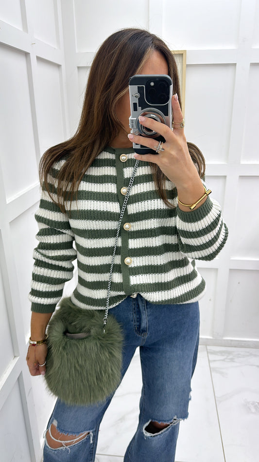 CARLY green and white stripe knit cardigan with pearl buttons