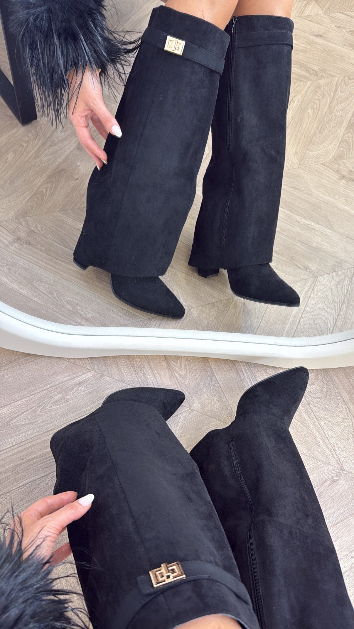 LOU LOU black faux suede fold down knee boots