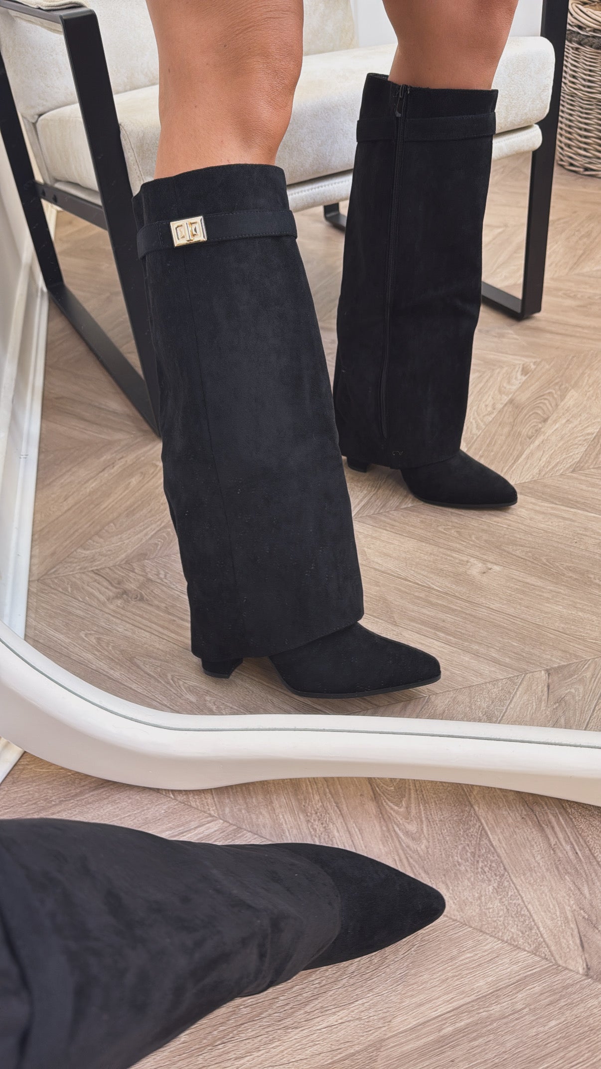 LOU LOU black faux suede fold down knee boots