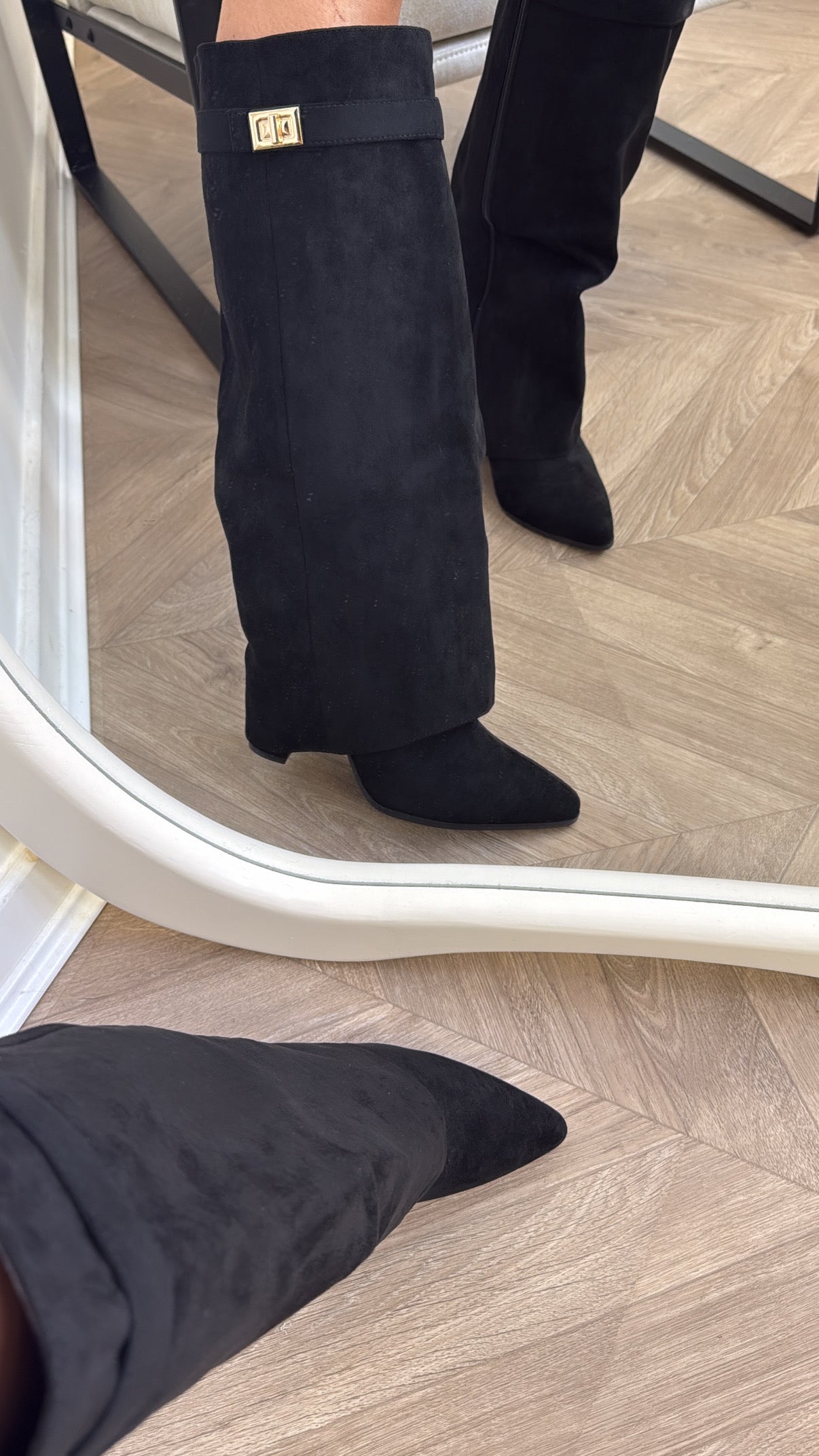 LOU LOU black faux suede fold down knee boots