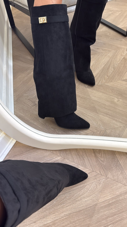 LOU LOU black faux suede fold down knee boots