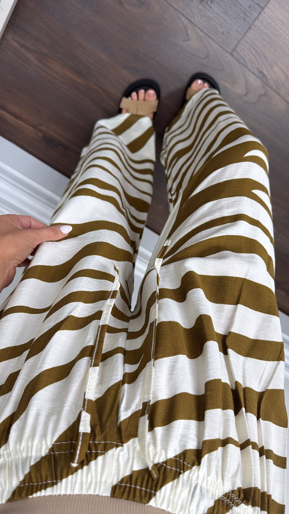 ZARA tan and cream zebra print wide leg trousers