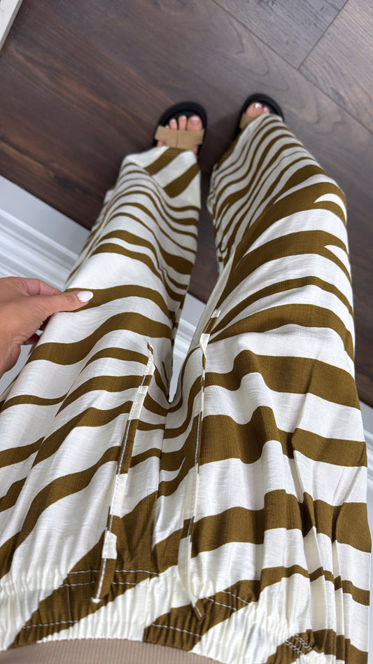 ZARA tan and cream zebra print wide leg trousers
