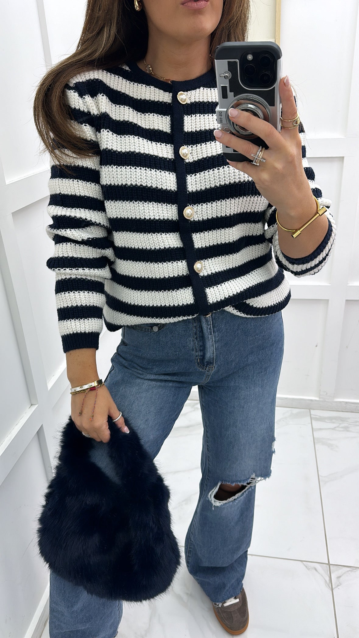 CARLY navy and white stripe knit cardigan with pearl buttons