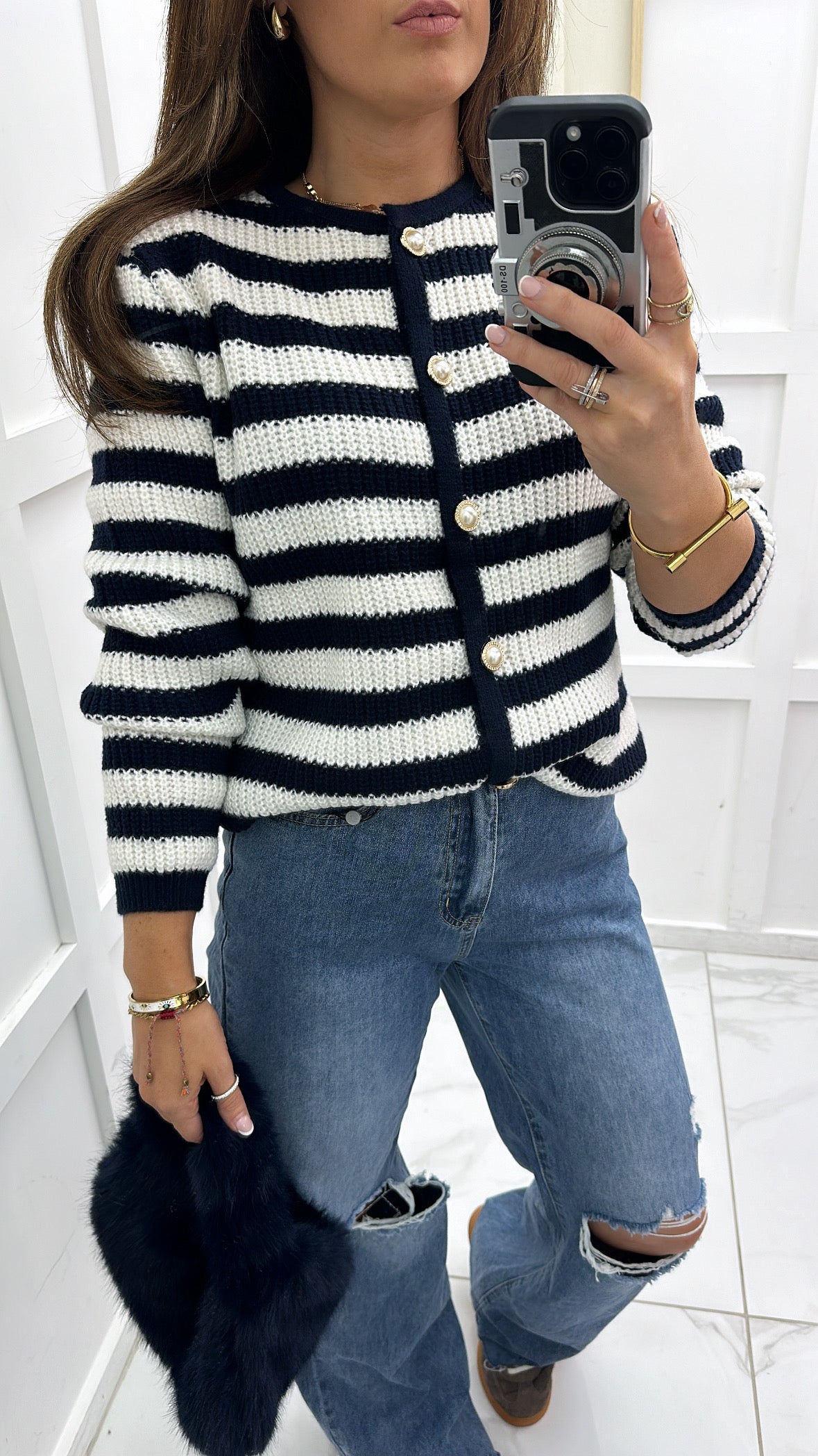 CARLY navy and white stripe knit cardigan with pearl buttons