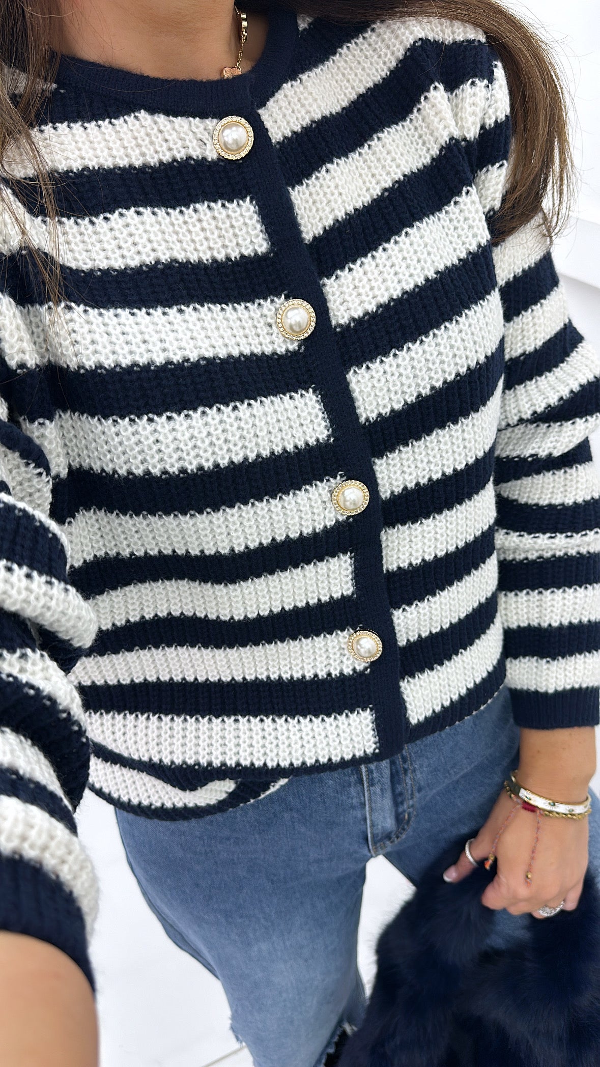 CARLY navy and white stripe knit cardigan with pearl buttons