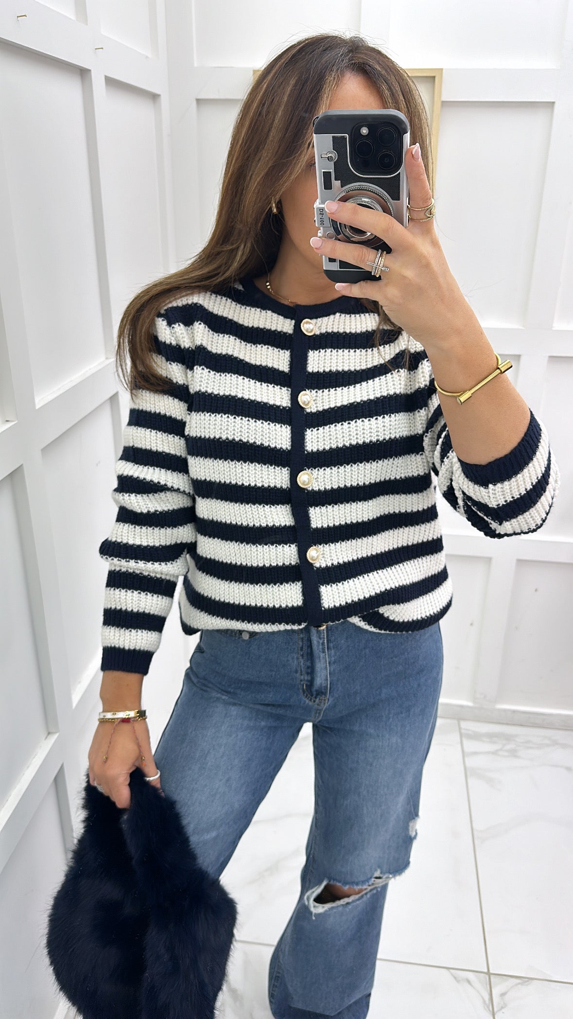 CARLY navy and white stripe knit cardigan with pearl buttons