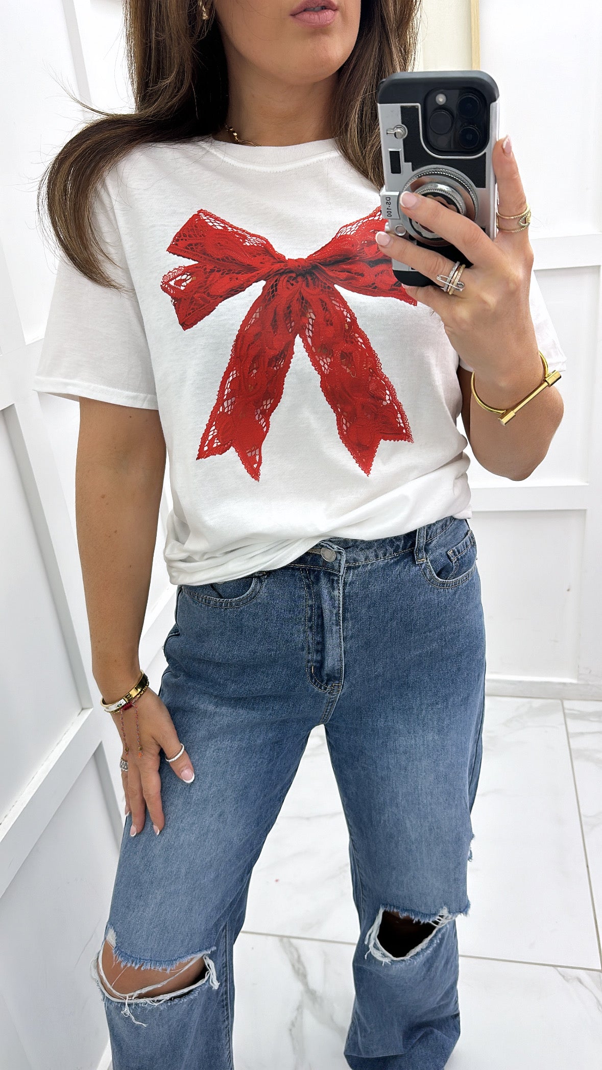 LACEY white t-shirt with red lace bow graphic