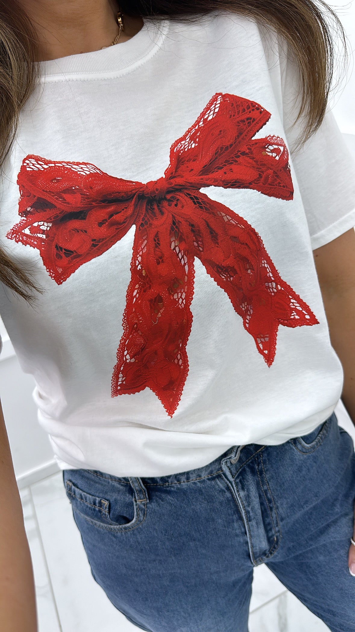 LACEY white t-shirt with red lace bow graphic