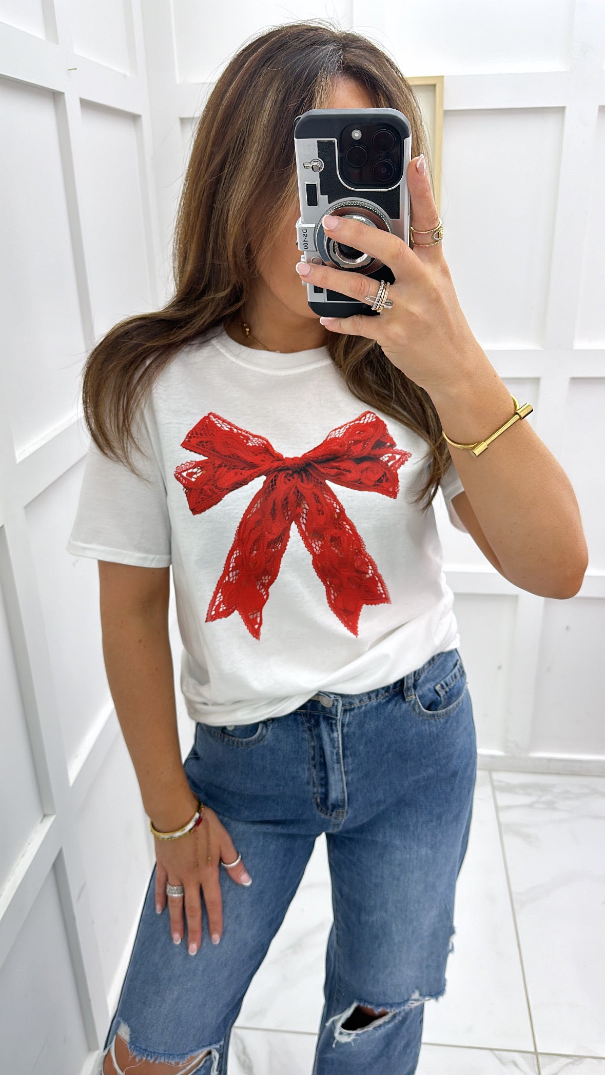 LACEY white t-shirt with red lace bow graphic