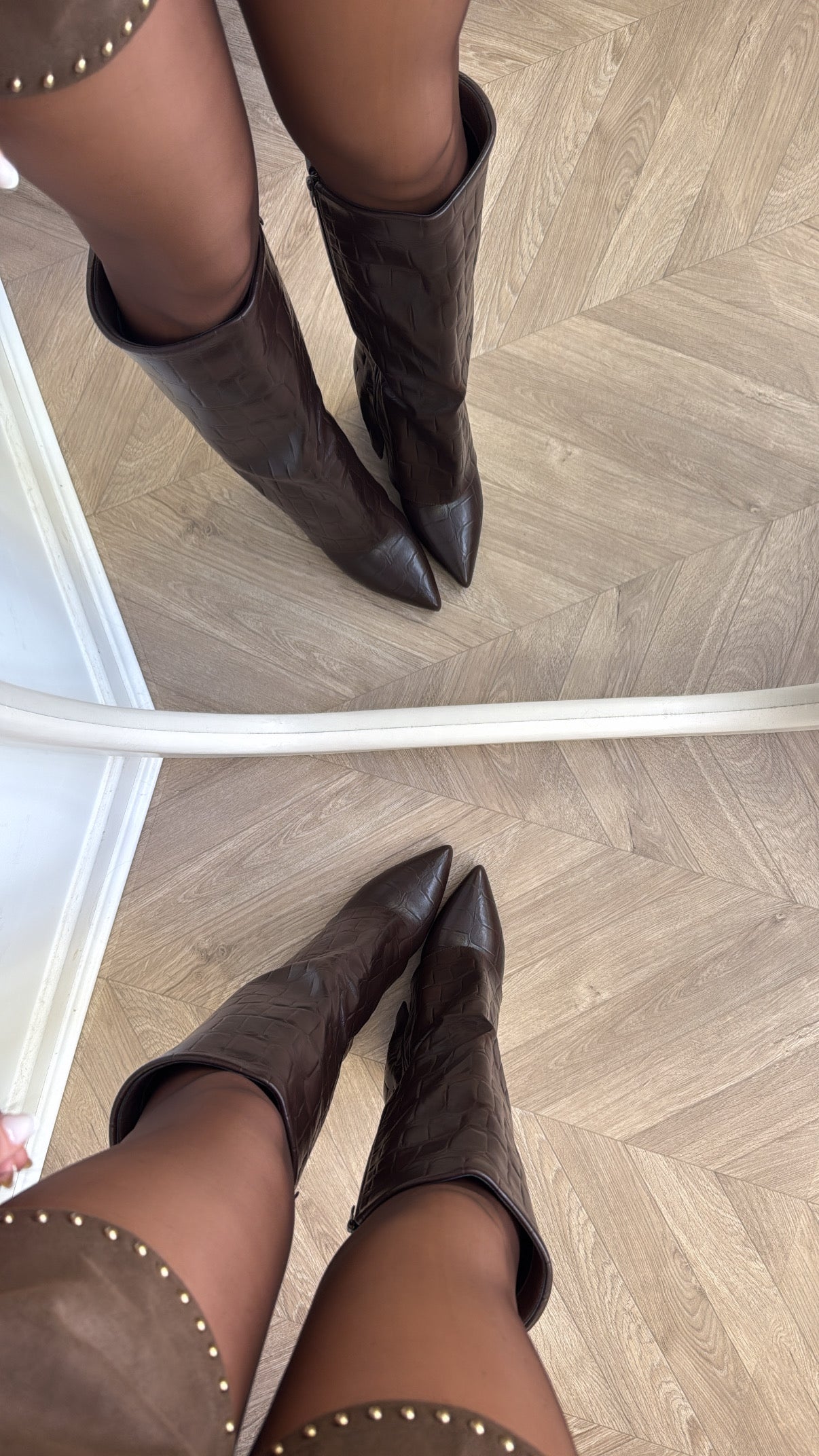 LUCINDA brown croc faux leather heel boots