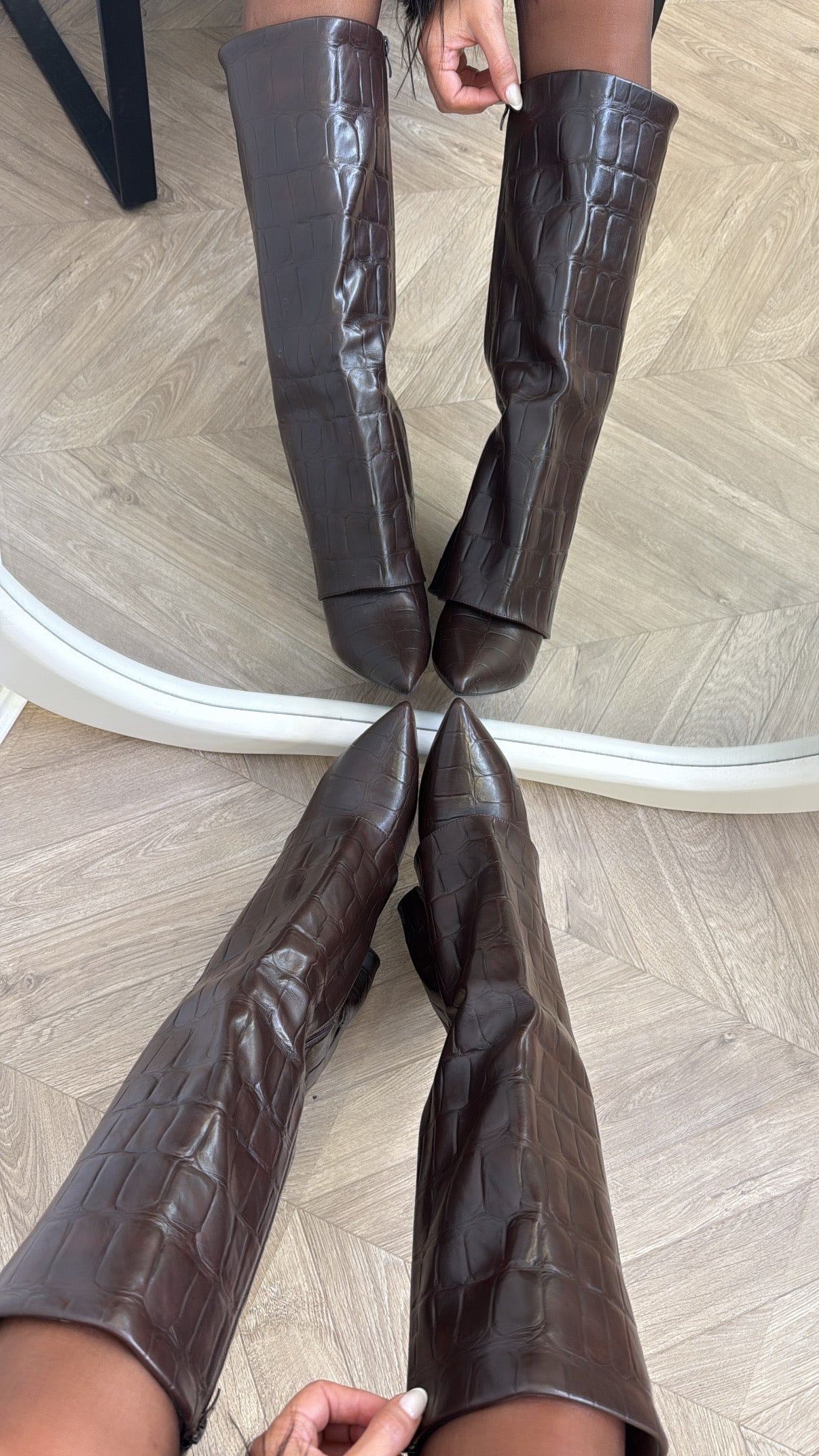 LUCINDA brown croc faux leather heel boots