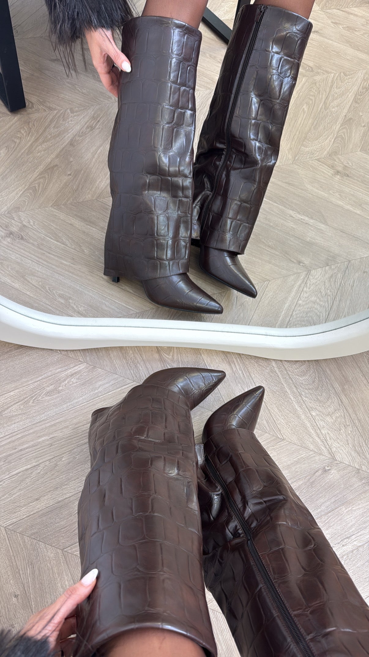 LUCINDA brown croc faux leather heel boots