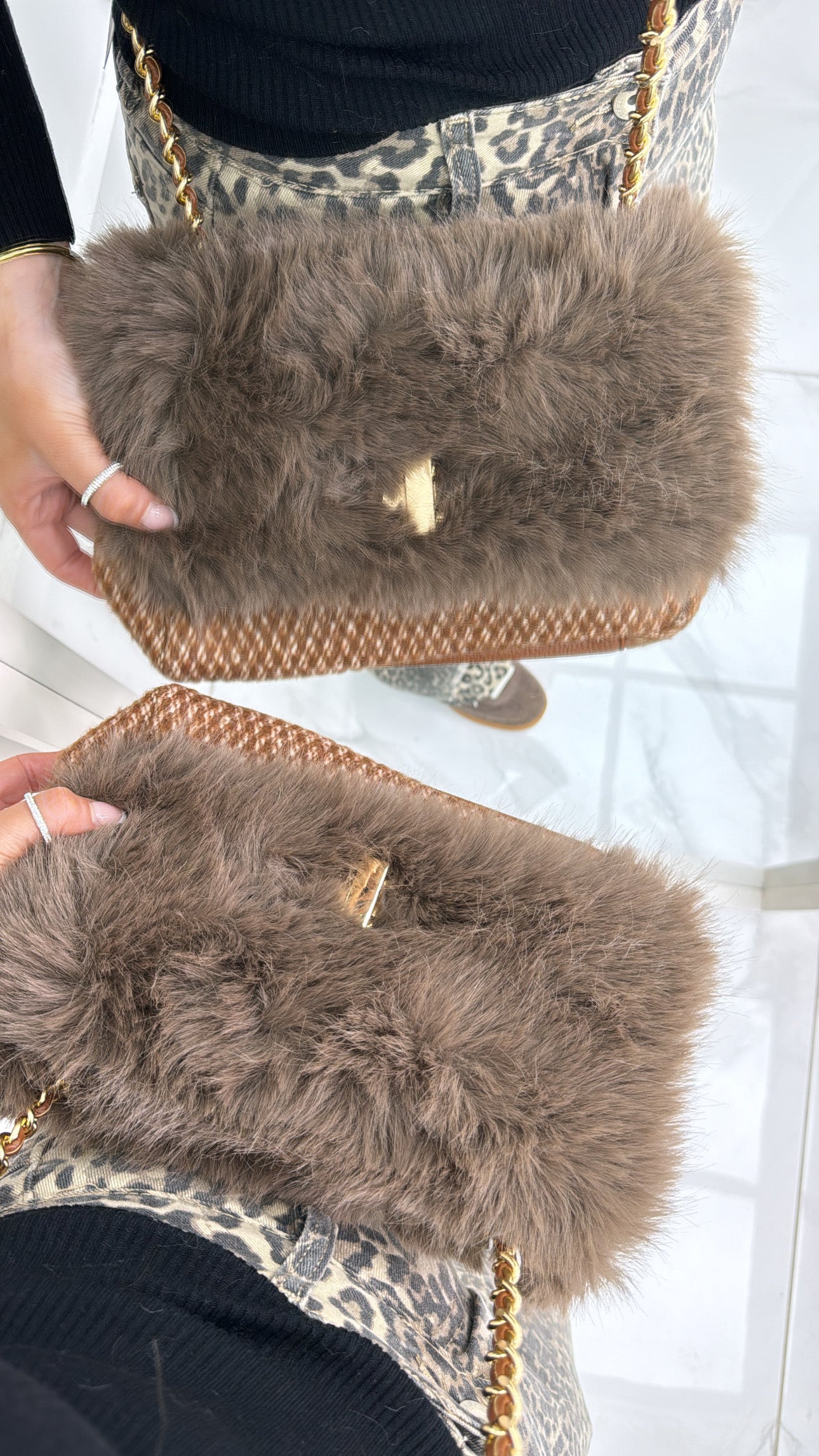 LOUISA brown soft faux fur shoulder bag