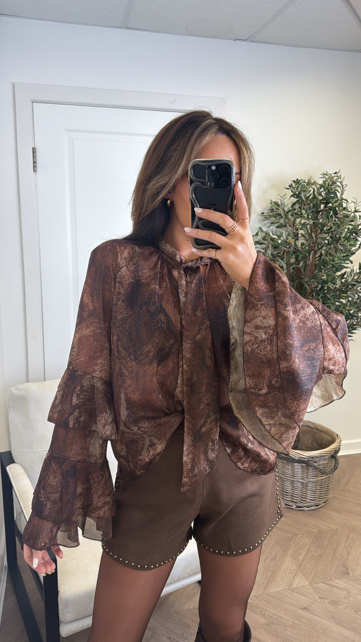TESSA brown sheer print pussybow blouse