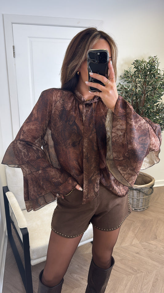 TESSA brown sheer print pussybow blouse