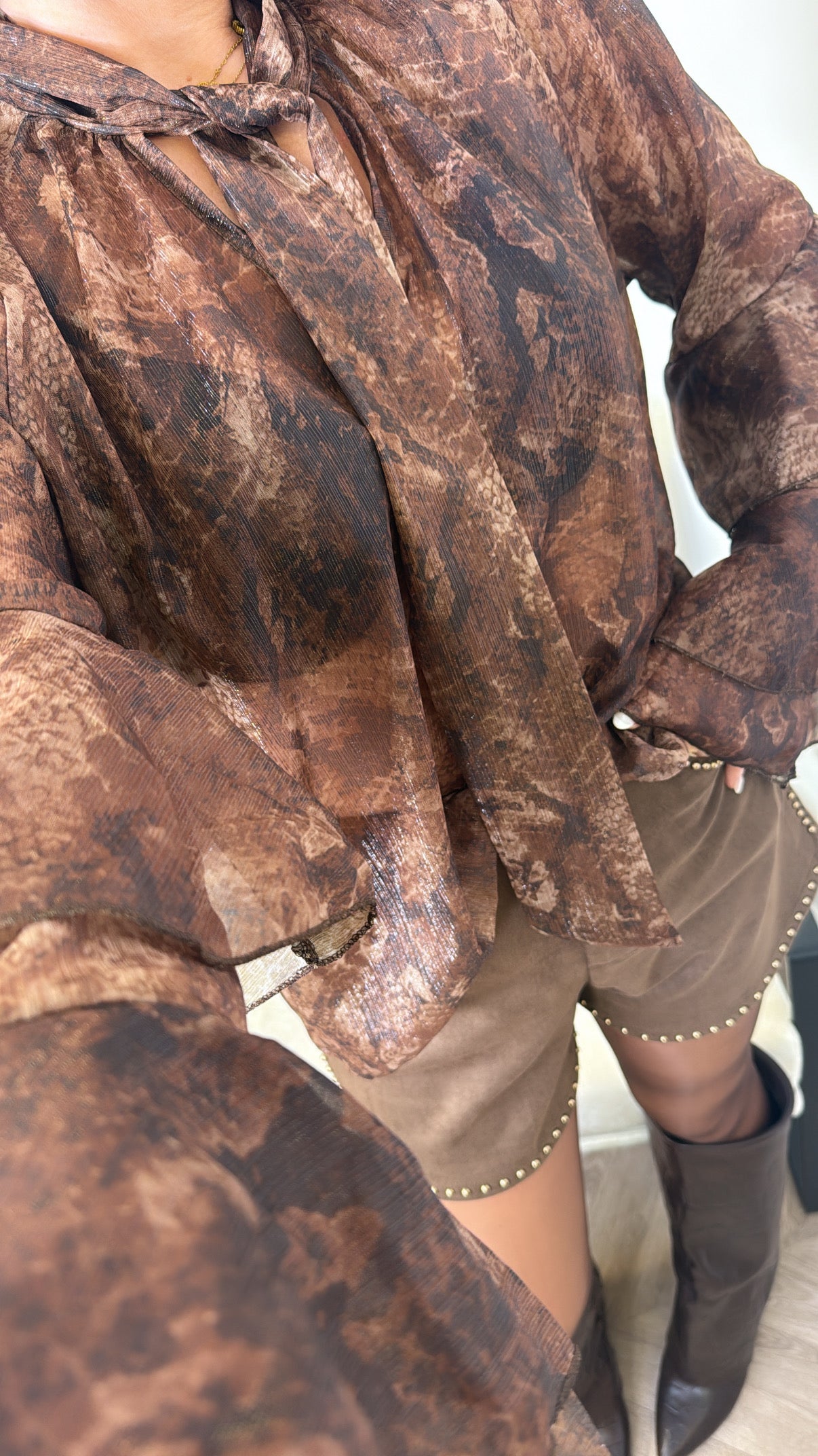 TESSA brown sheer print pussybow blouse
