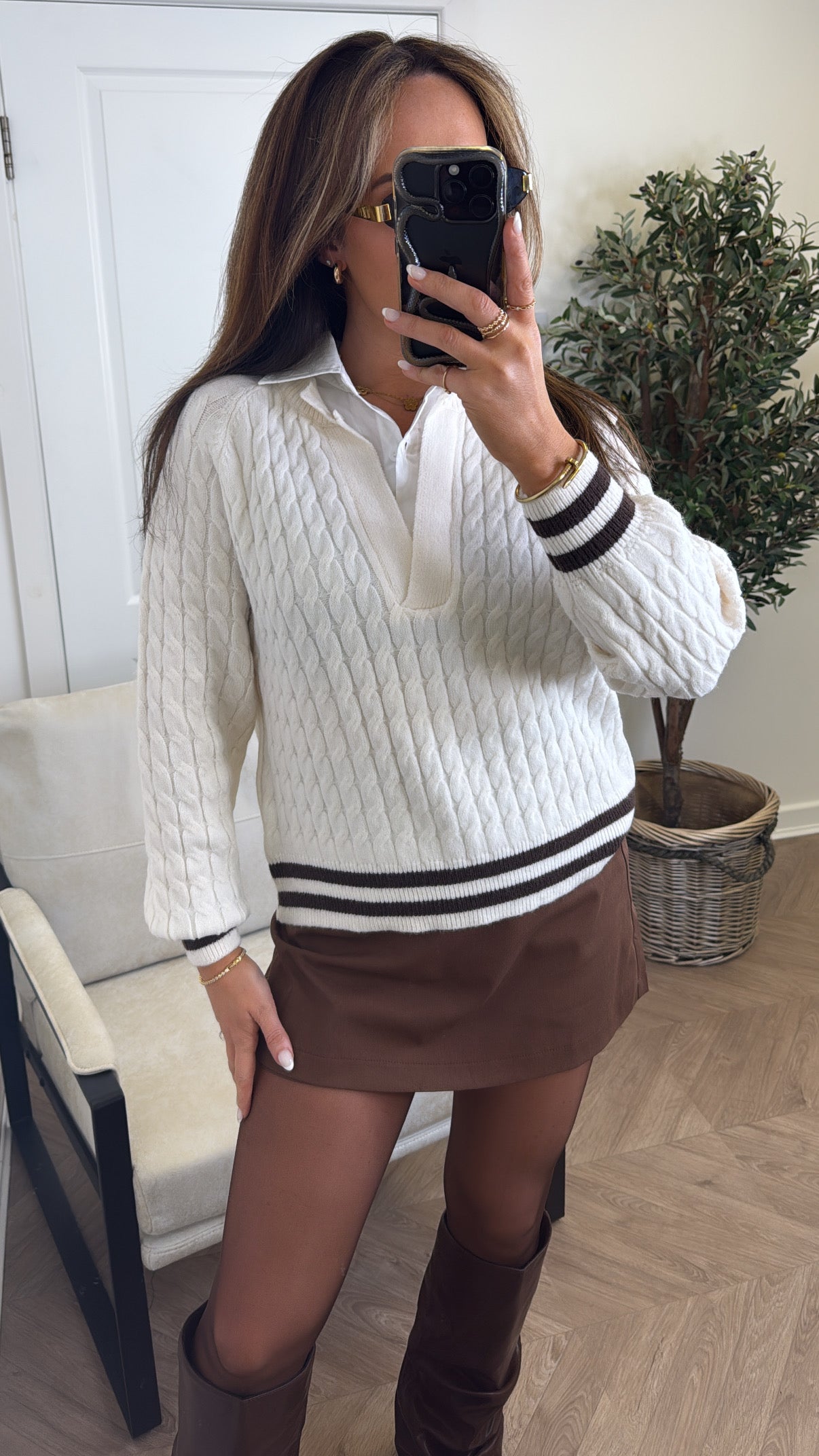 ALESSIA cream contrast shirt cable knit jumper