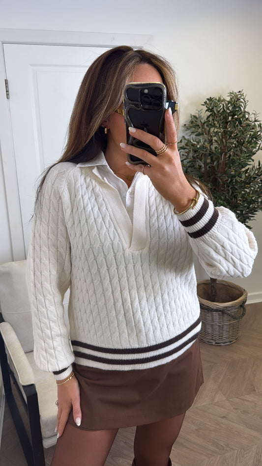 ALESSIA cream contrast shirt cable knit jumper