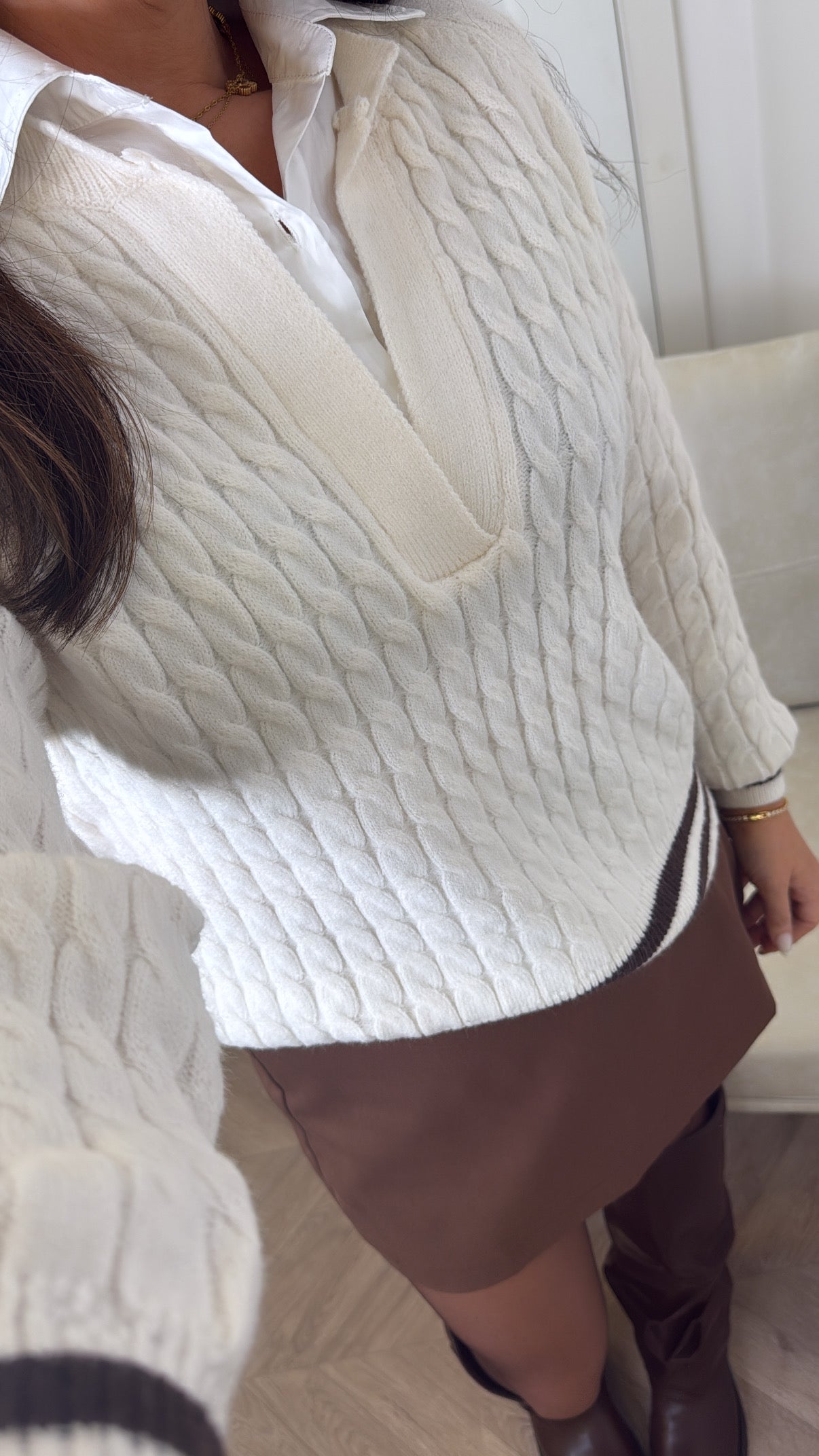 ALESSIA cream contrast shirt cable knit jumper