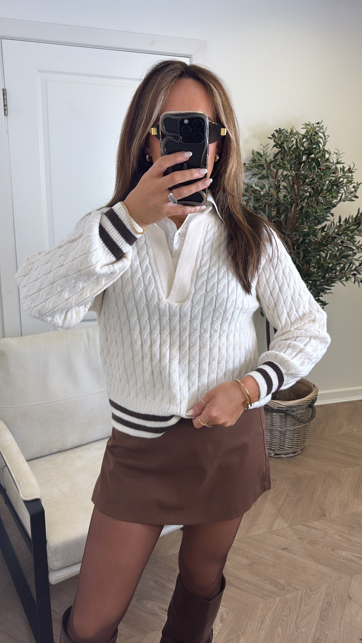 ALESSIA cream contrast shirt cable knit jumper