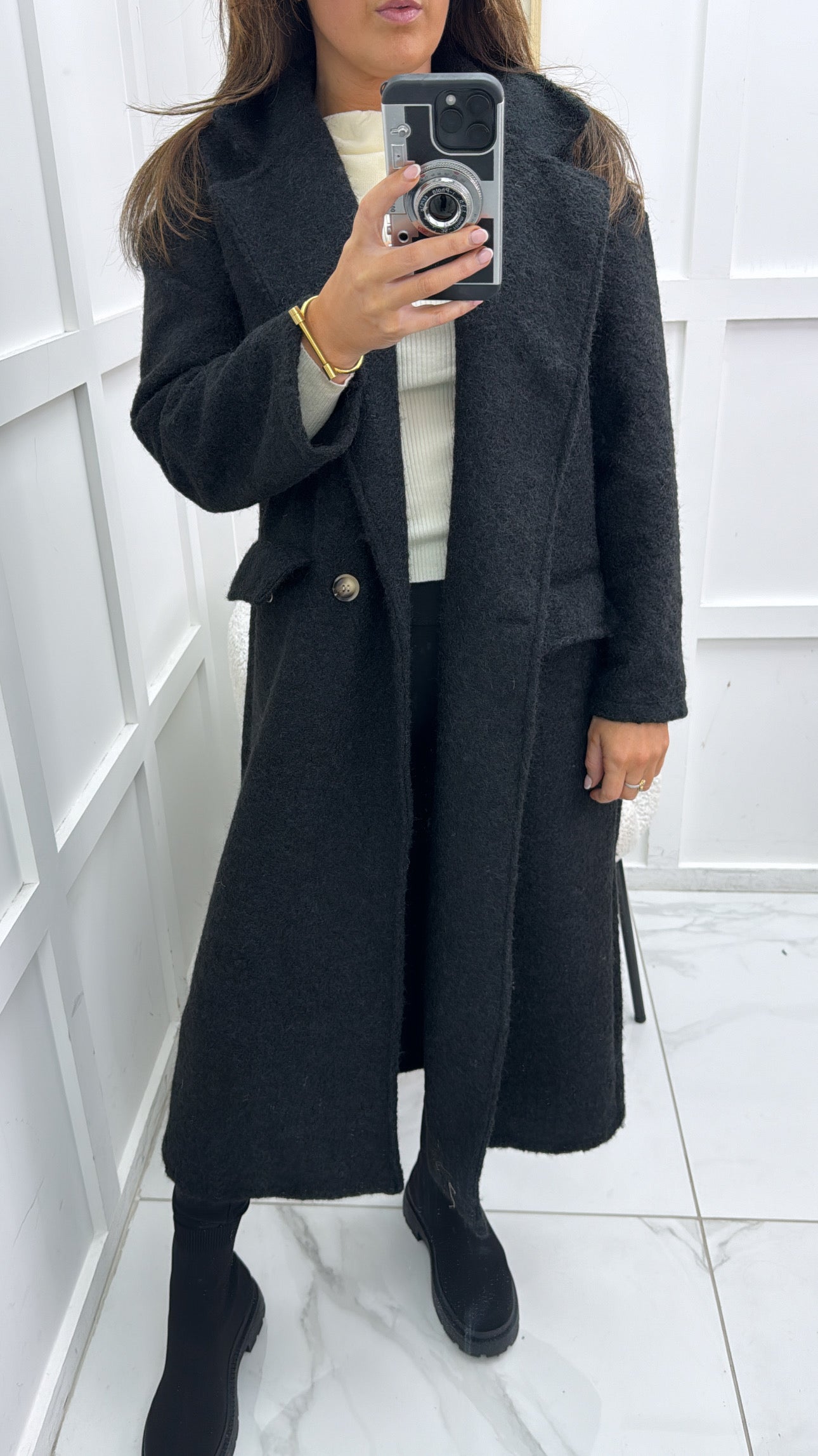 THEA black soft wool look duster coat