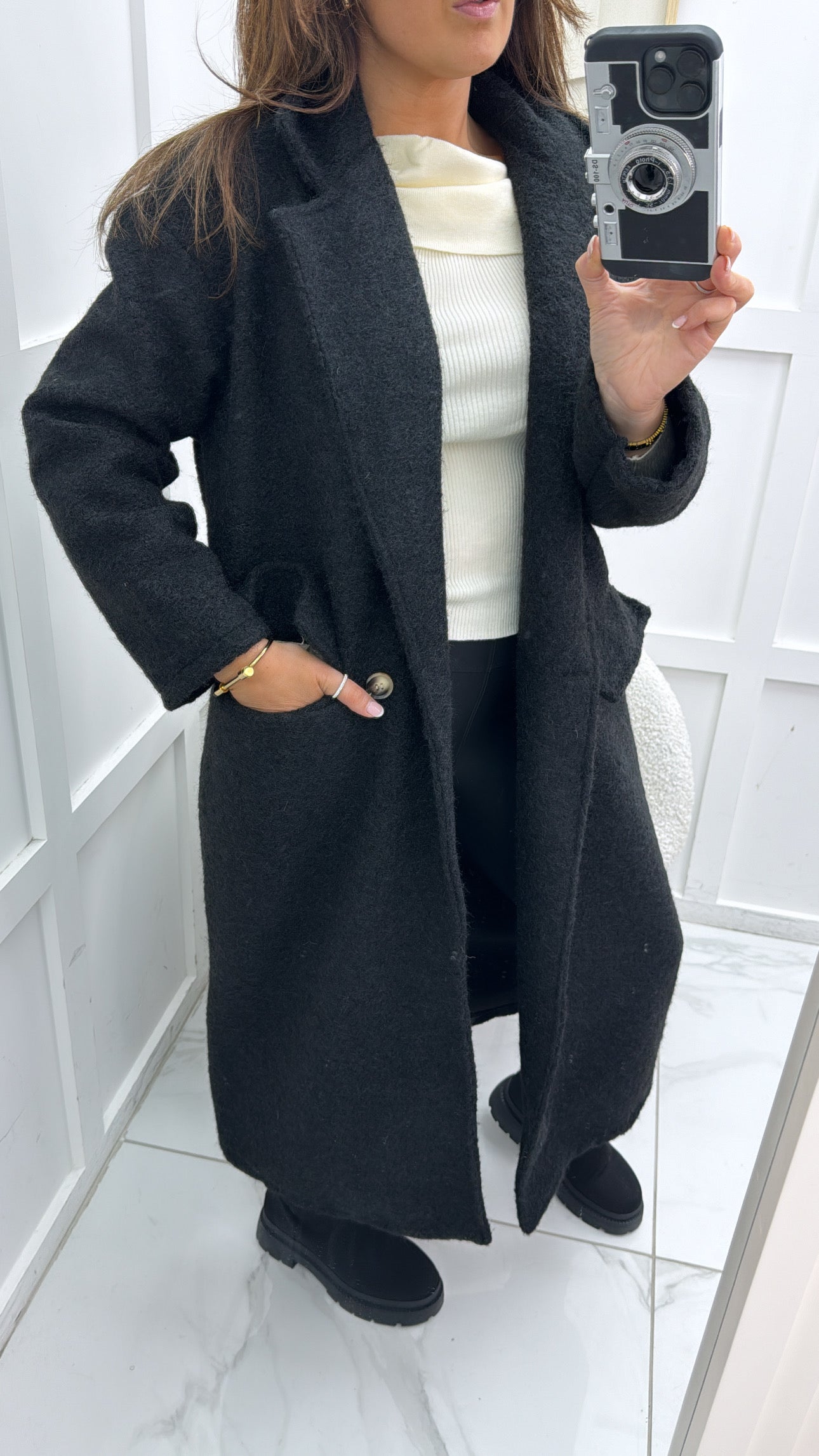 THEA black soft wool look duster coat