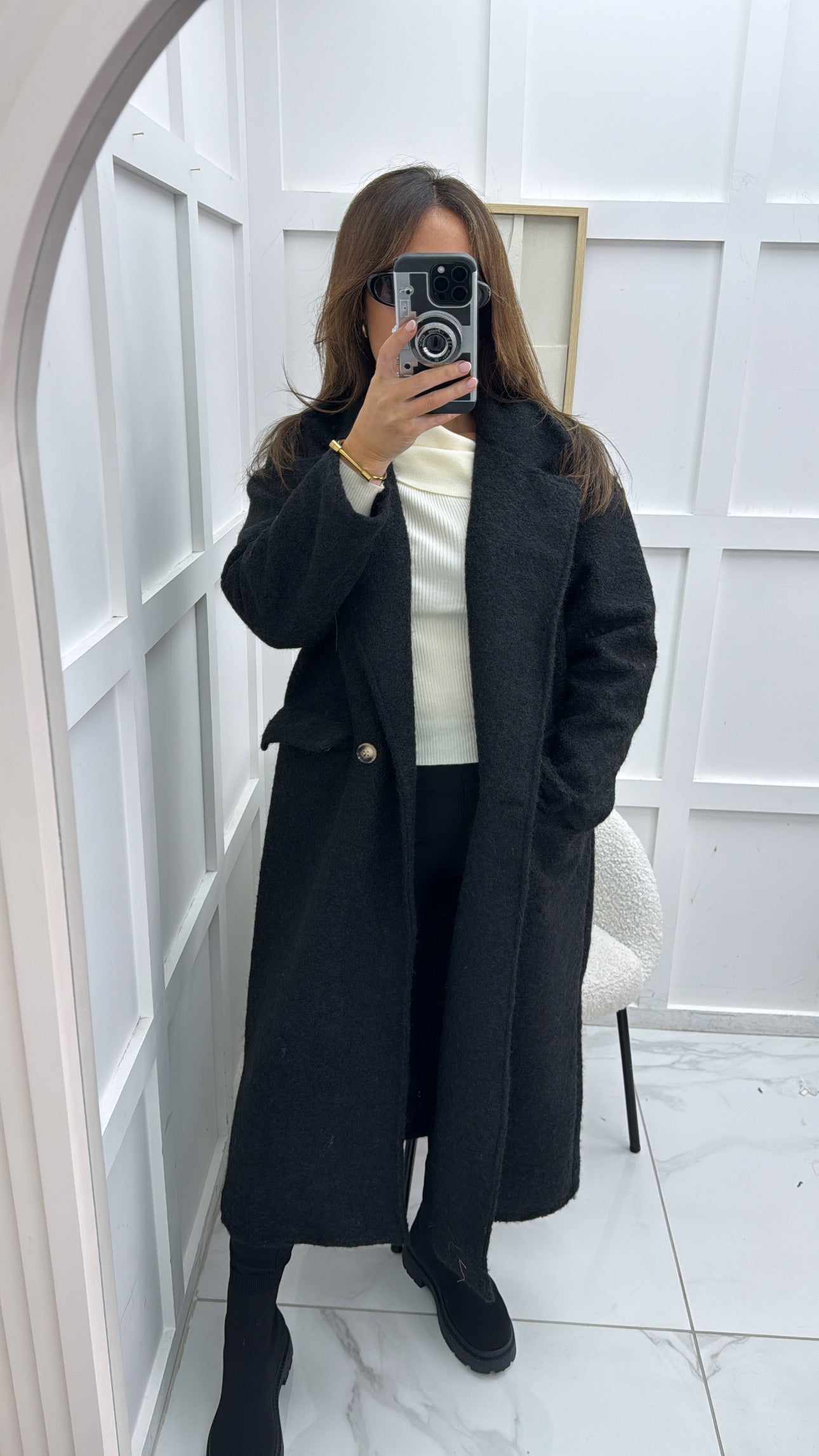 THEA black soft wool look duster coat