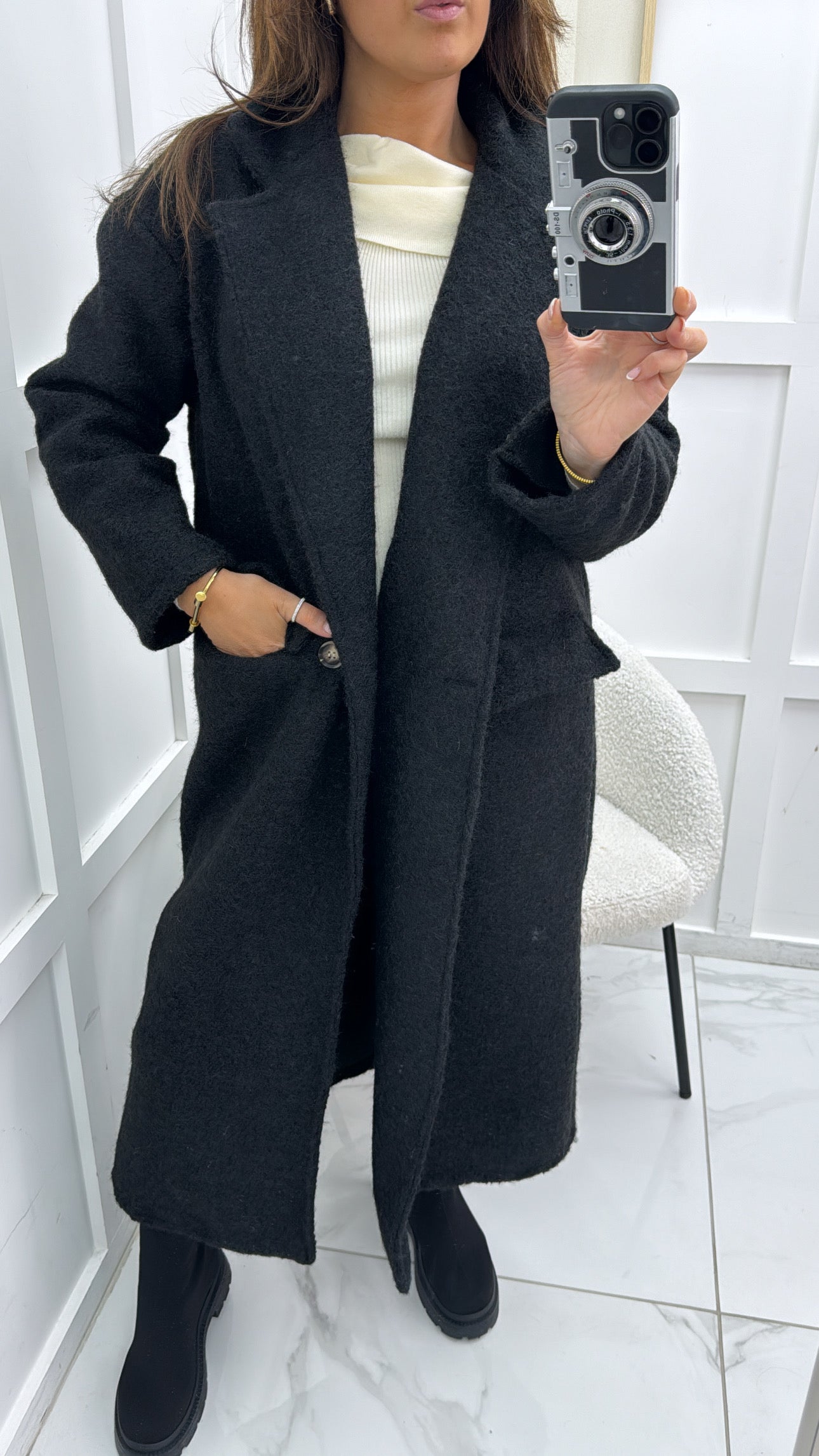 THEA black soft wool look duster coat