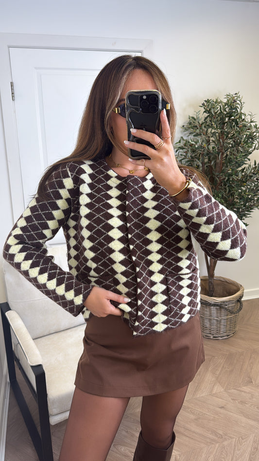ESTELLE brown diamond check print knit cardigan
