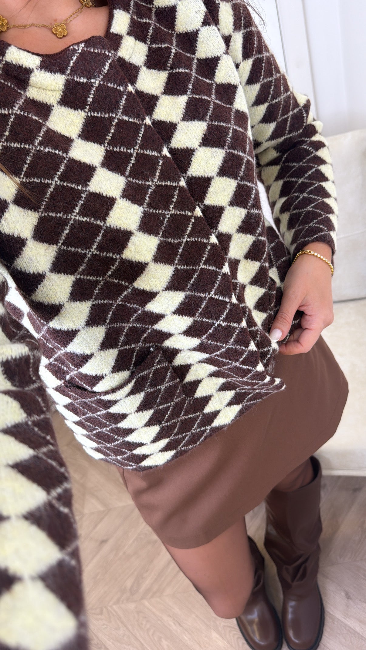 ESTELLE brown diamond check print knit cardigan