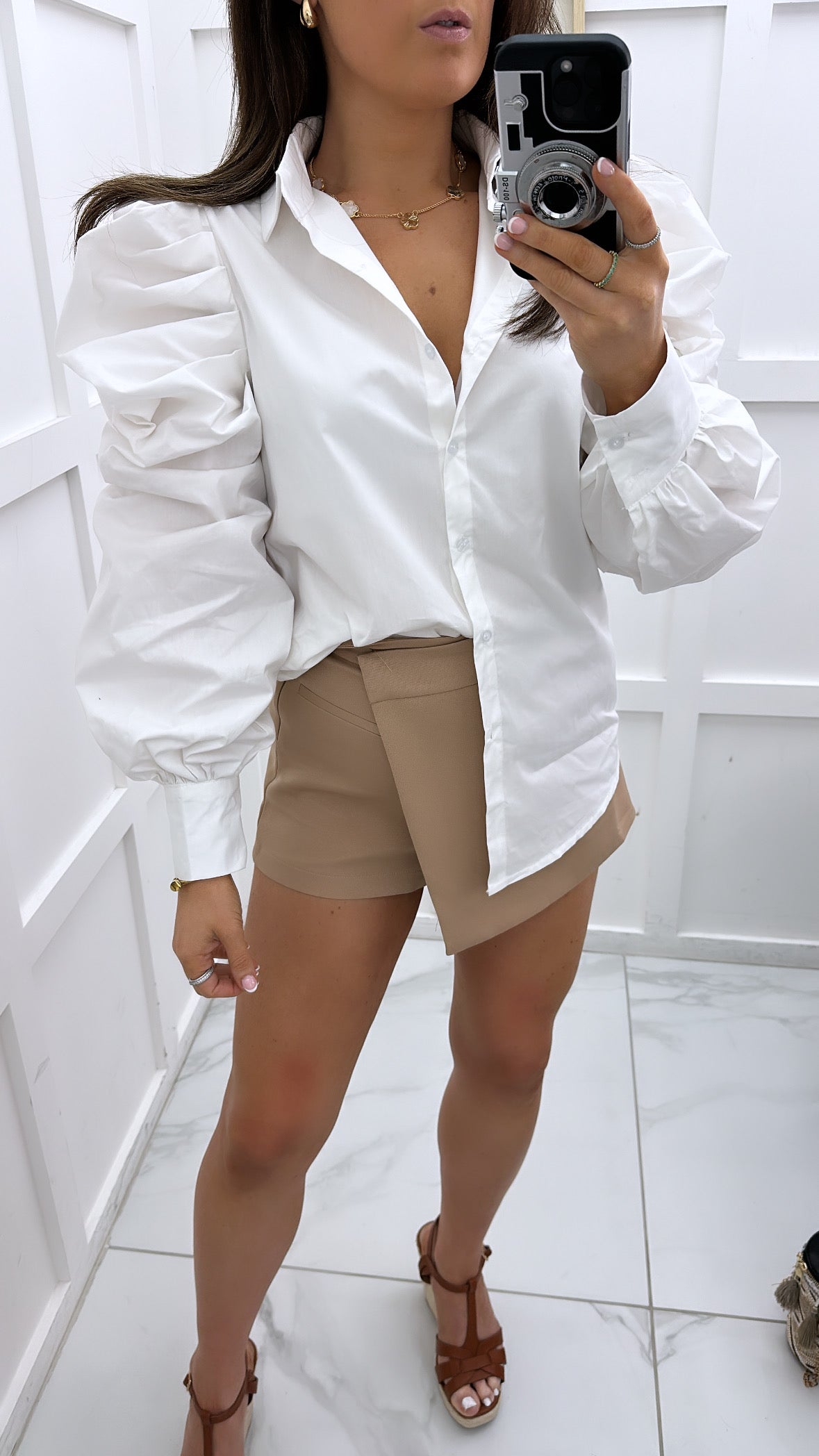 GABBIE white ruched shoulder cotton shirt