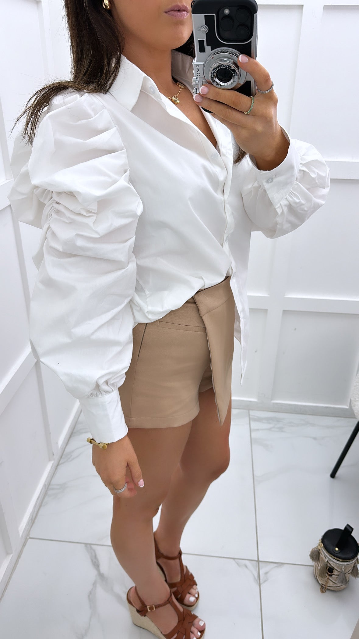 GABBIE white ruched shoulder cotton shirt