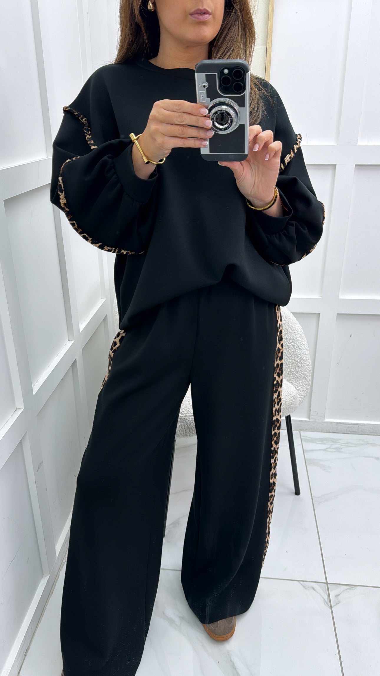 BIANCA black with leopard print top and wide leg joggers tracksuit