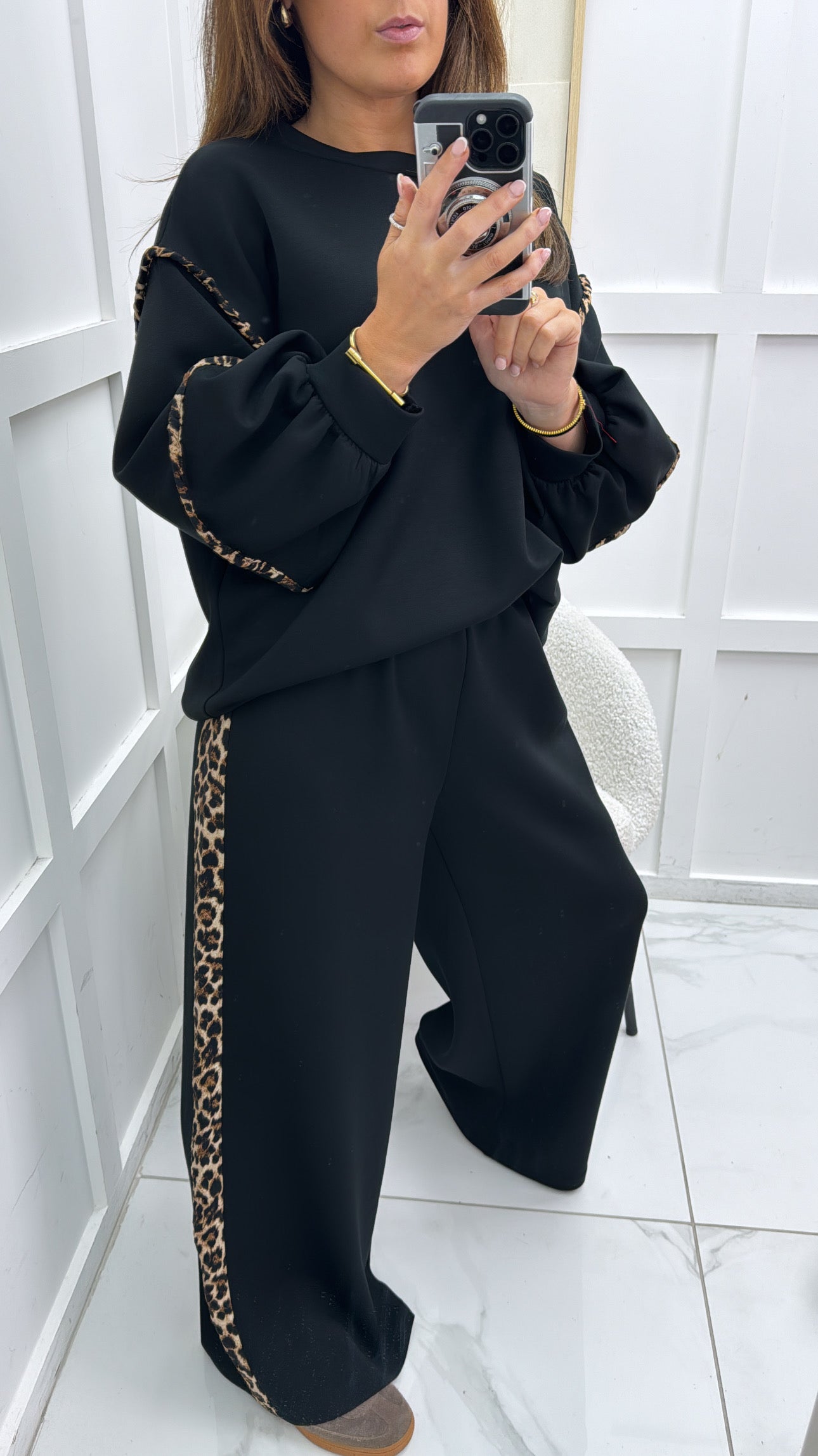 BIANCA black with leopard print top and wide leg joggers tracksuit