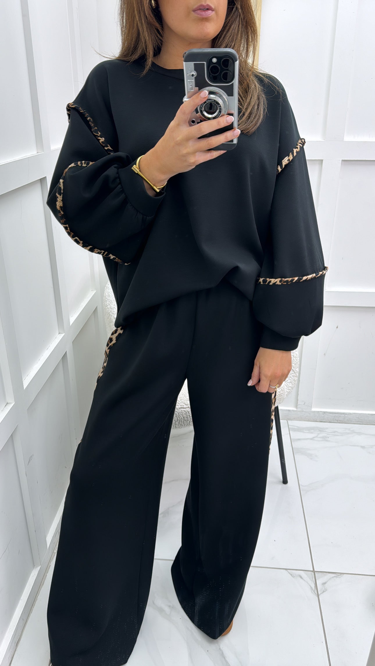 BIANCA black with leopard print top and wide leg joggers tracksuit