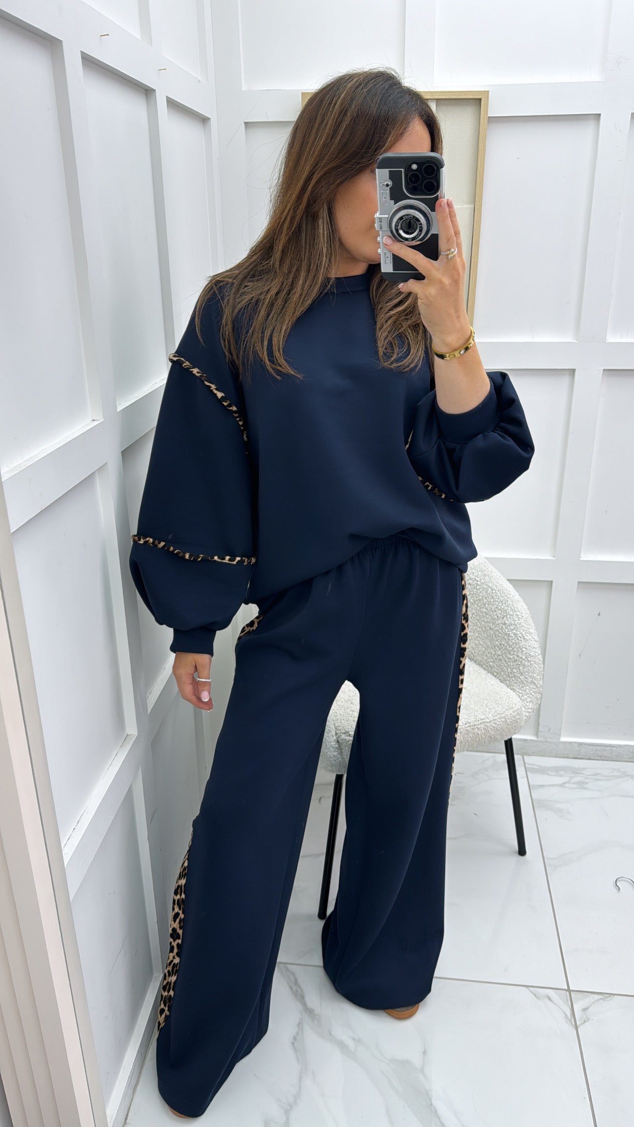 BIANCA navy with leopard print top and wide leg joggers tracksuit