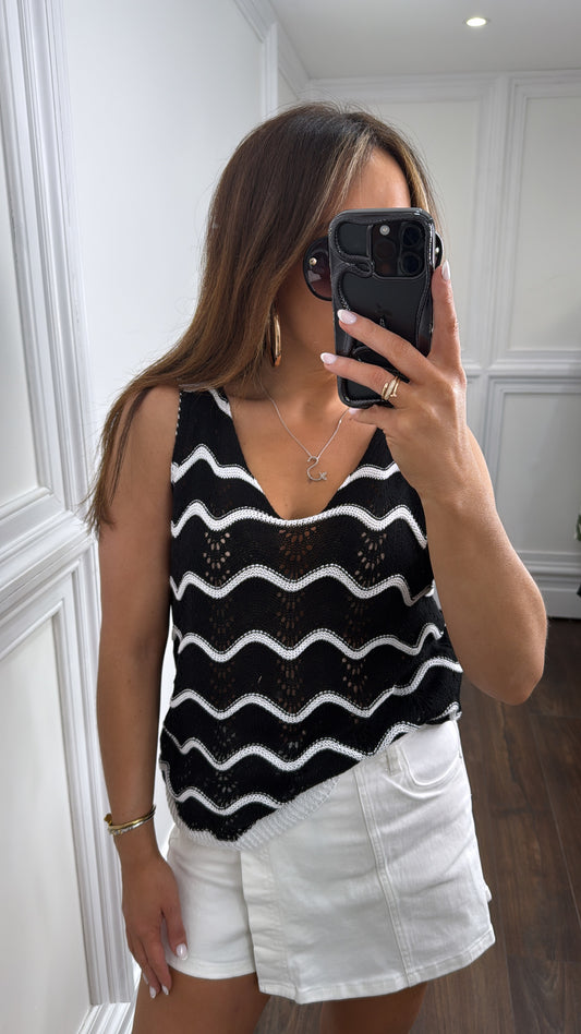 MOLLIE black wave crochet vest top