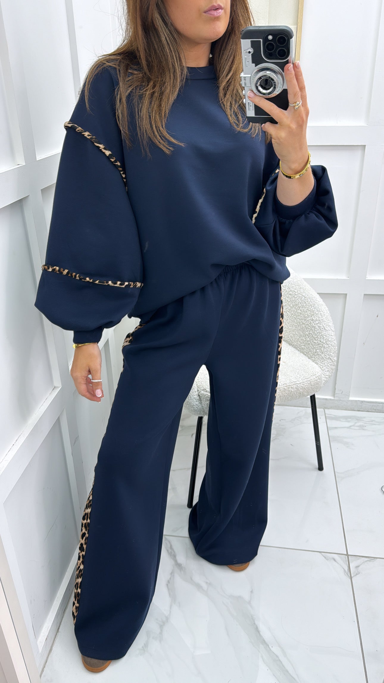 BIANCA navy with leopard print top and wide leg joggers tracksuit