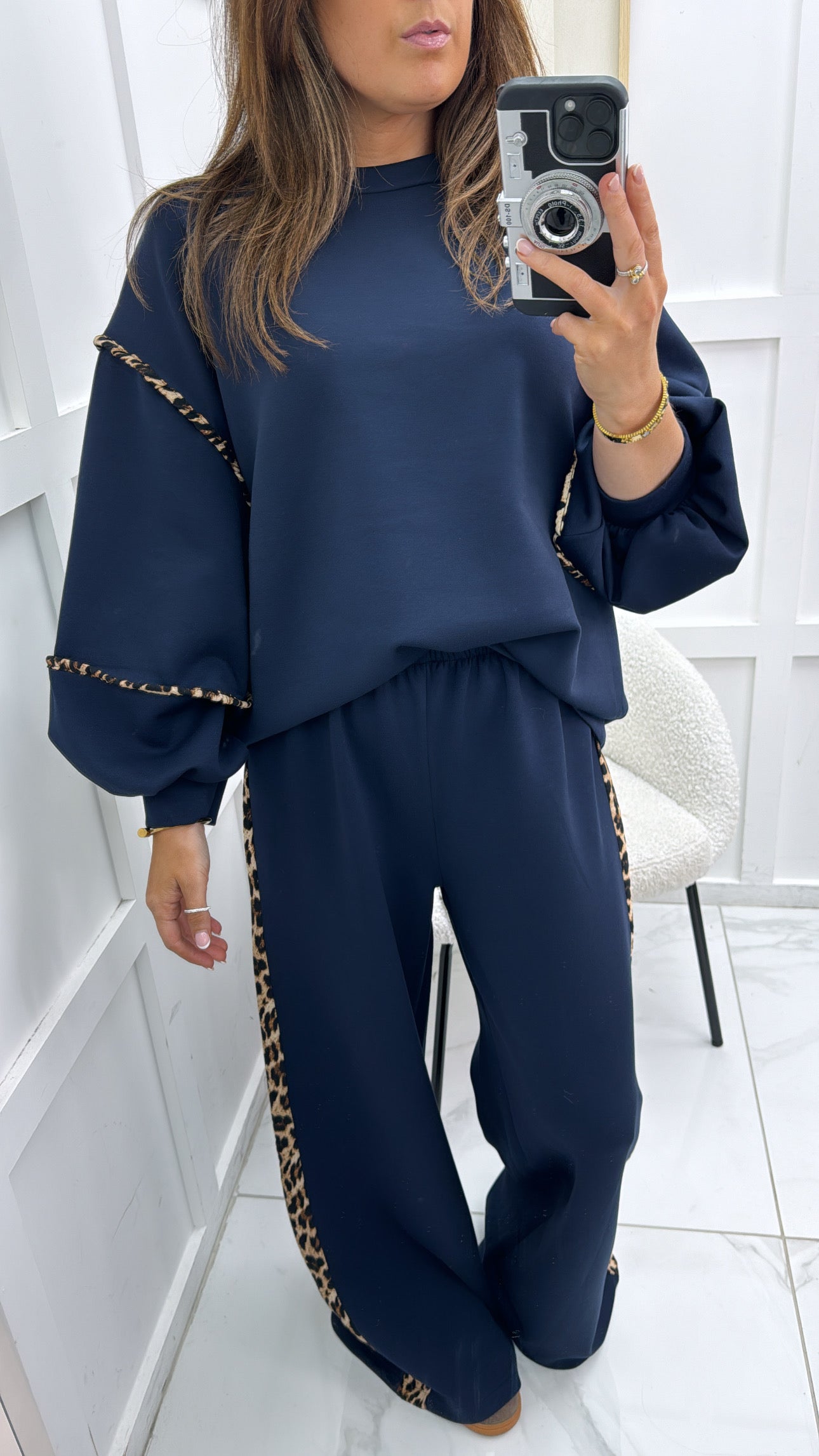 BIANCA navy with leopard print top and wide leg joggers tracksuit