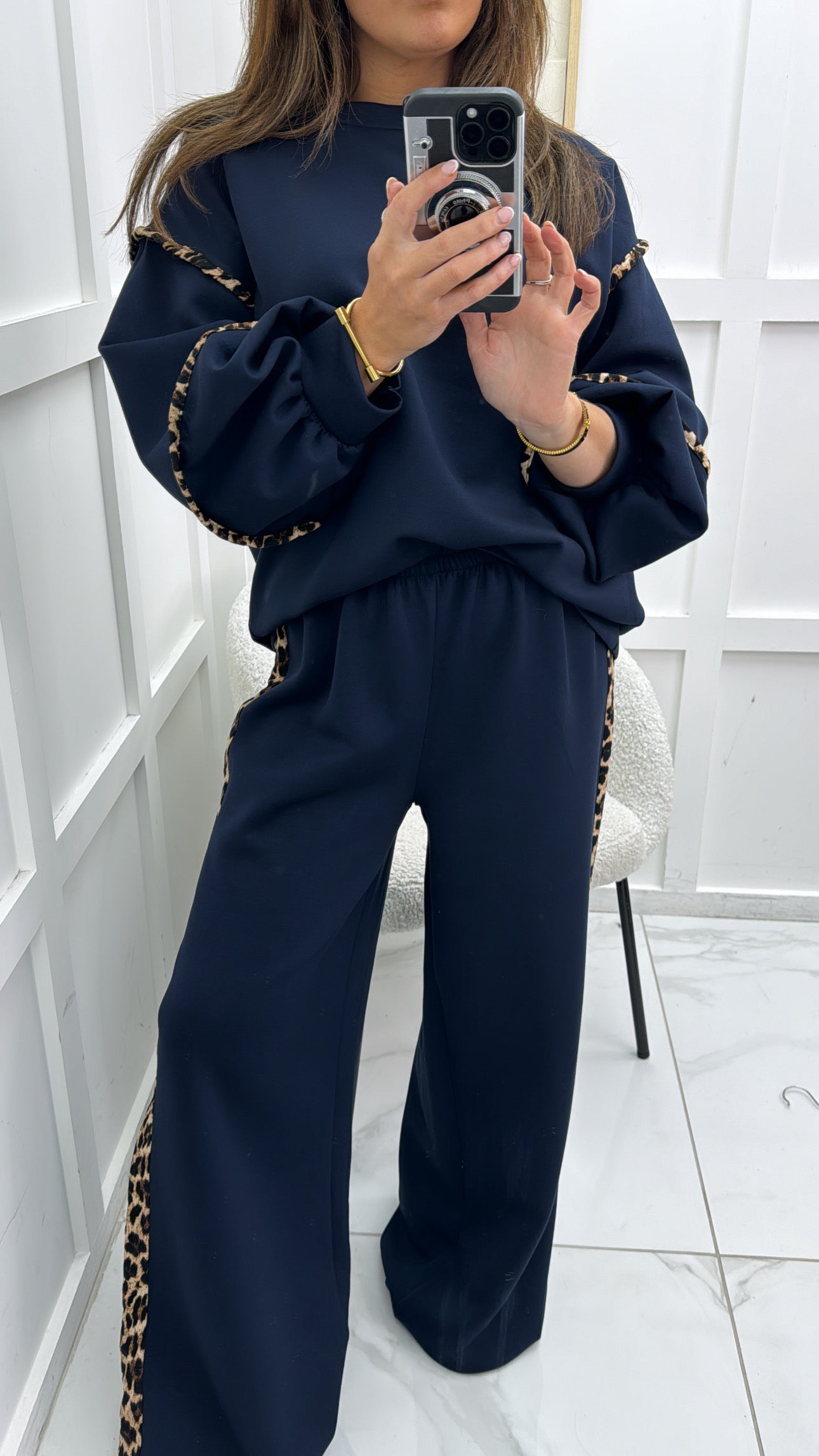 BIANCA navy with leopard print top and wide leg joggers tracksuit